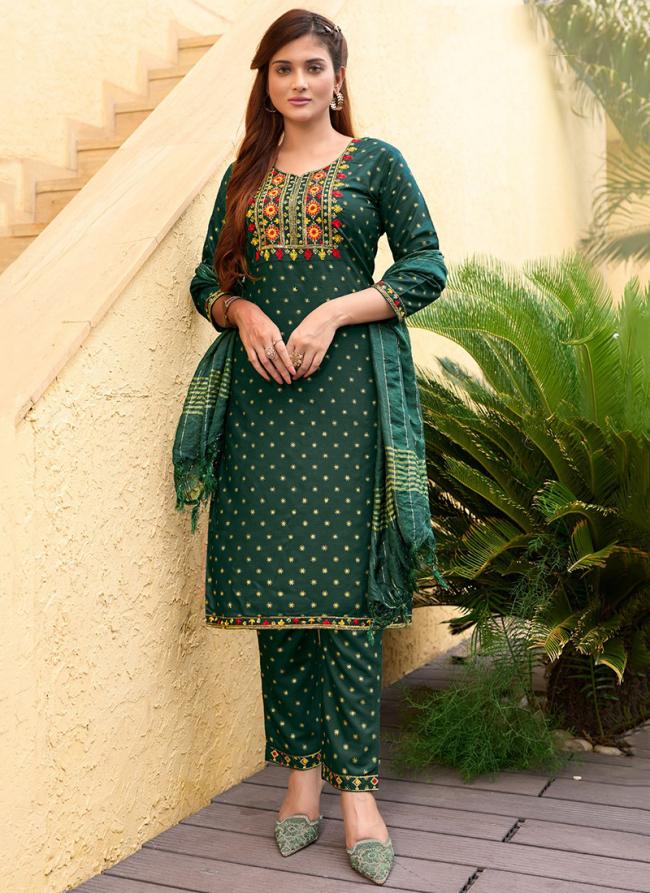 Rayon Green Traditional Wear Embroidery Work Readymade Kurta Set